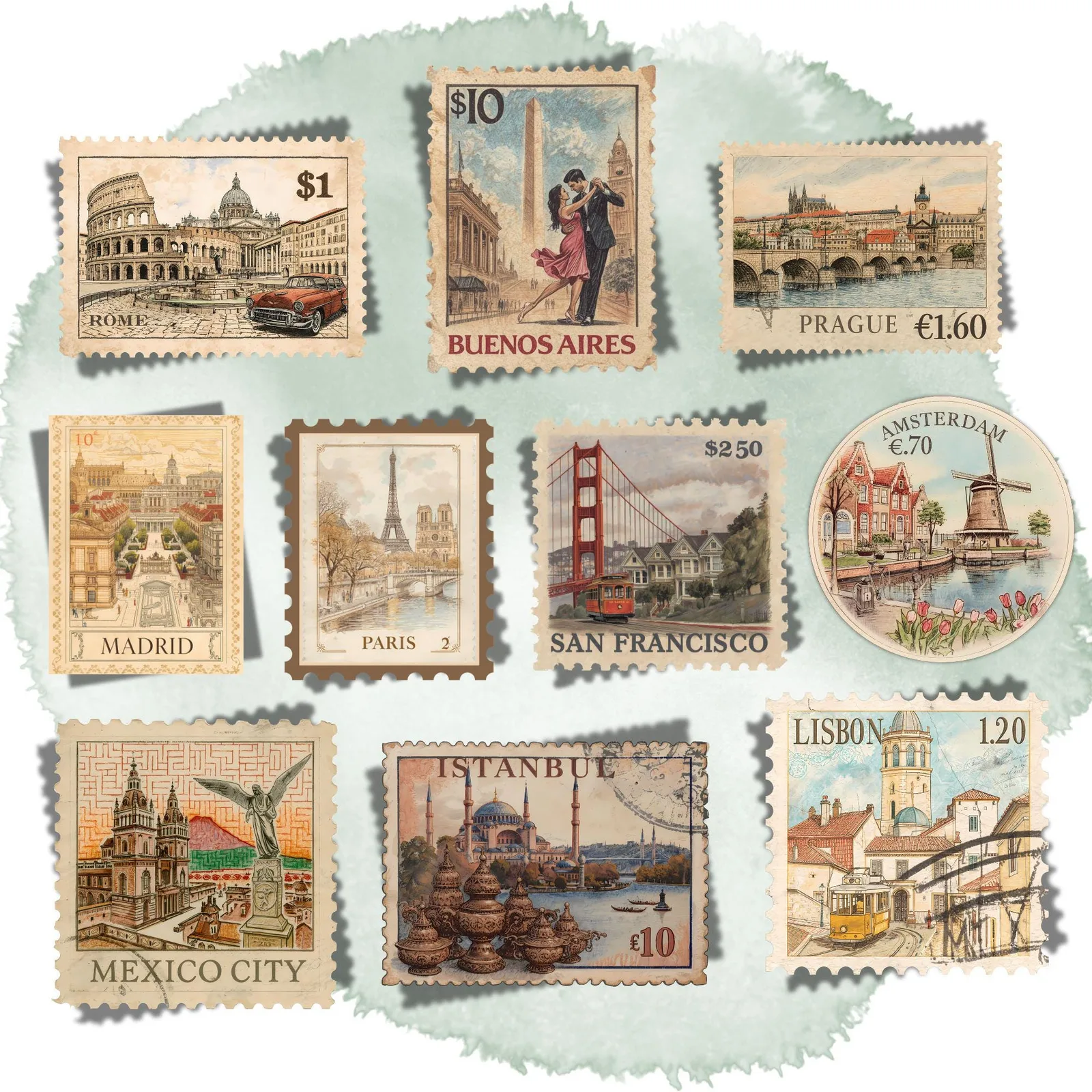 Vintage World Travel Stamp Clipart Set for Junk Journals, Scrapbooking & Wanderlust Crafts Cliparts digital download preview by Cute & Co.