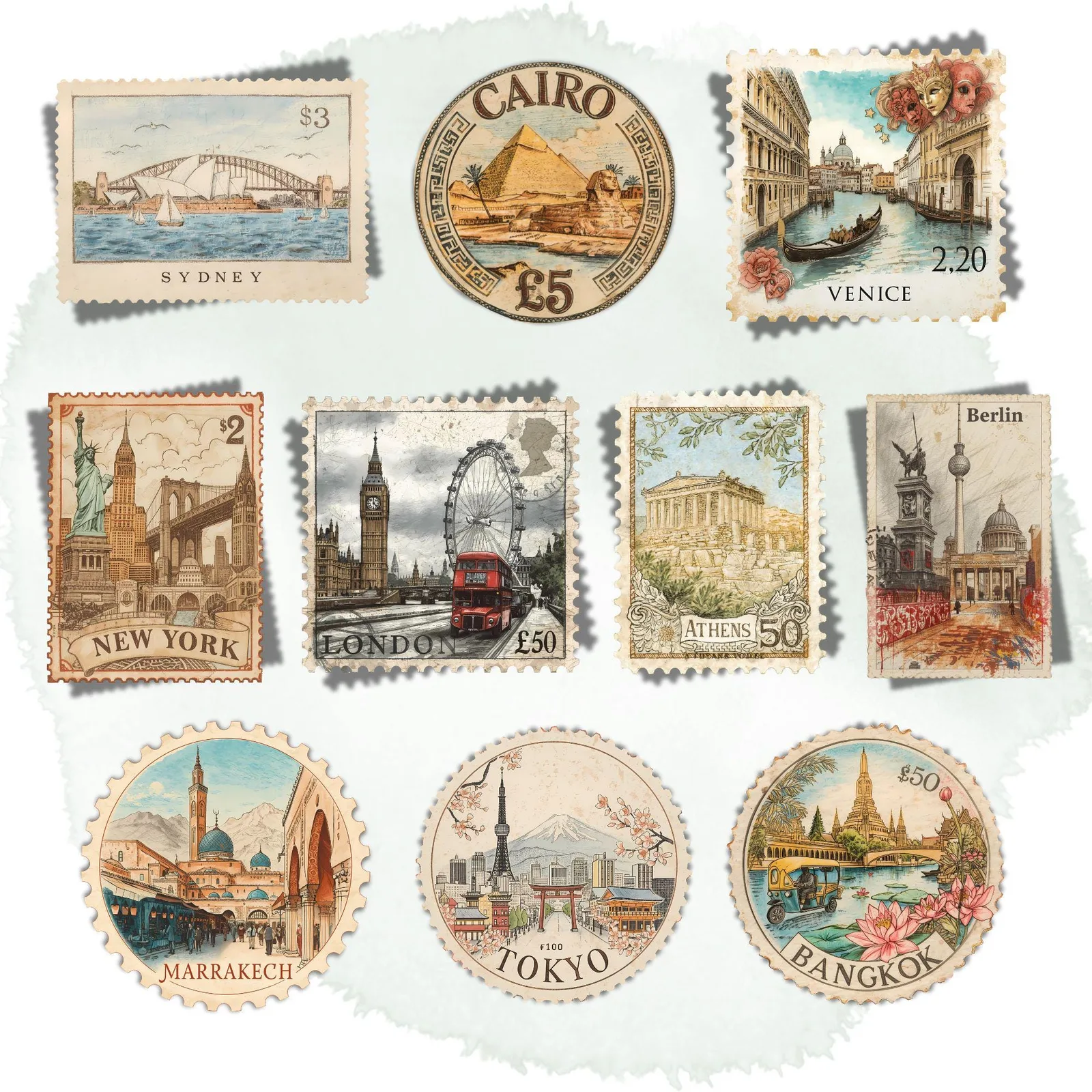 Vintage World Travel Stamp Clipart Set for Junk Journals, Scrapbooking & Wanderlust Crafts Cliparts digital download preview by Cute & Co.