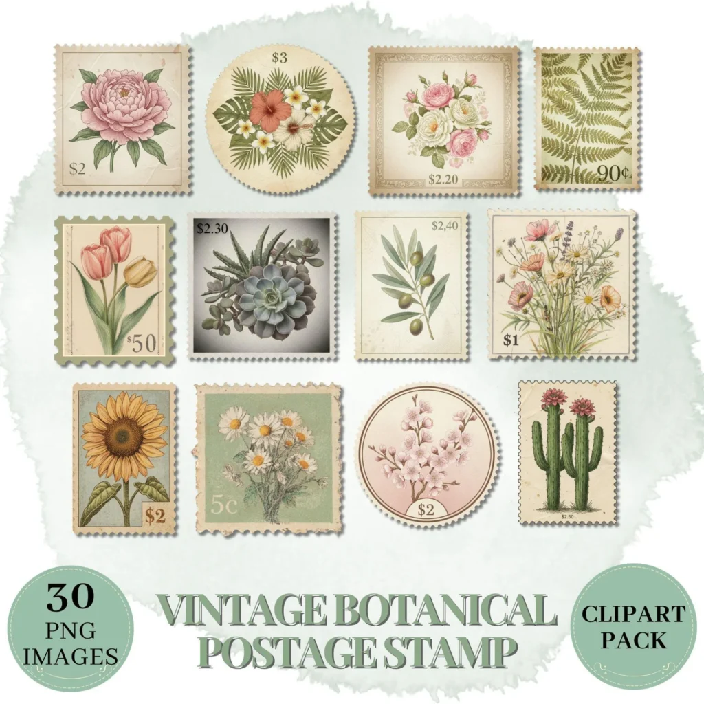 Vintage Botanical Stamp Clipart Set for Journals and Crafts Cliparts digital download preview by Cute & Co.