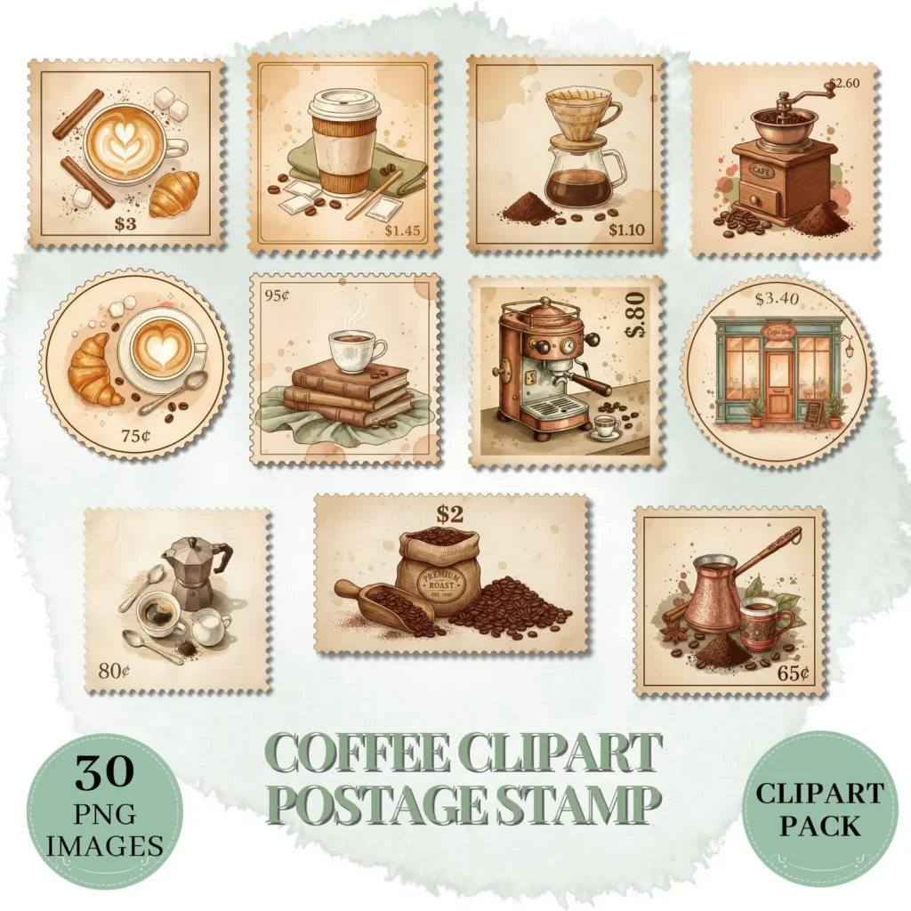 Vintage Coffee Stamp Clipart Set - Boho Cafe Designs (Digital Download) Cliparts digital download preview by Cute & Co.