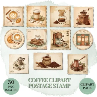 Vintage Coffee Stamp Clipart Set - Boho Cafe Designs (Digital Download)
