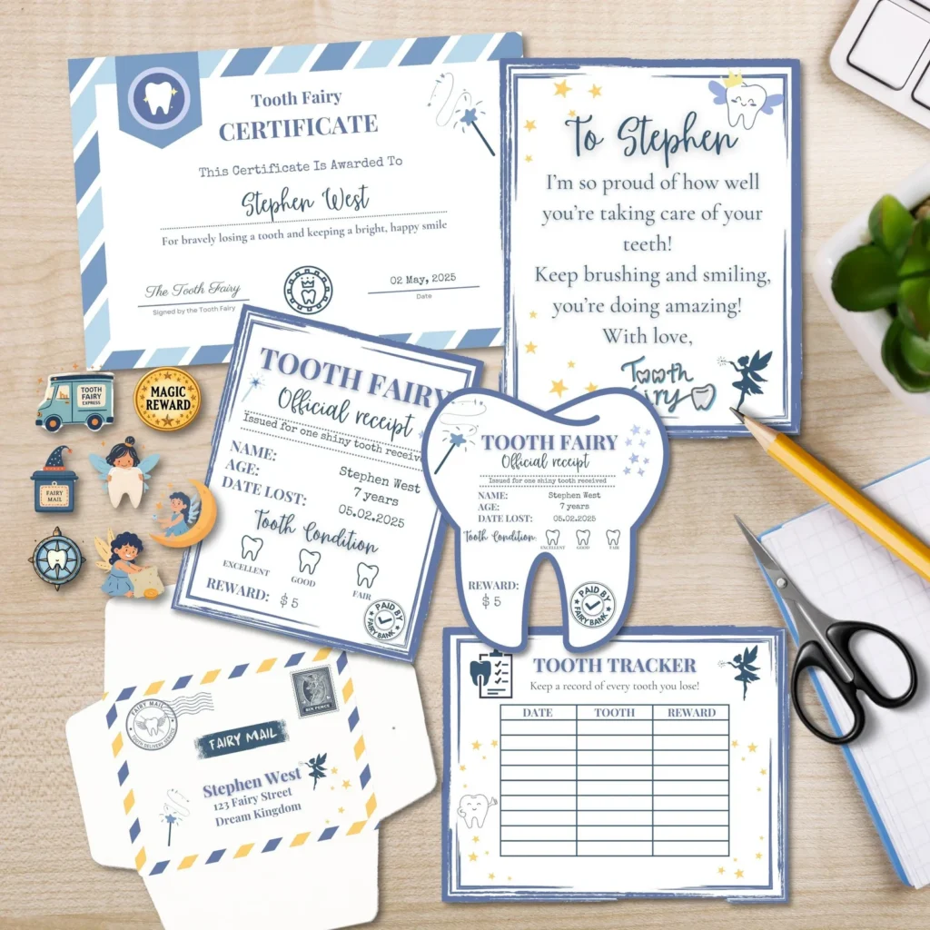 Editable Tooth Fairy Kit for Kids – Certificate, Receipts, Letter, Tracker, Envelope, Stickers for boys Printables digital download preview by Cute & Co.