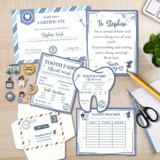 Editable Tooth Fairy Kit for Kids – Certificate, Receipts, Letter, Tracker, Envelope, Stickers for boys Printables digital download preview by Cute & Co.