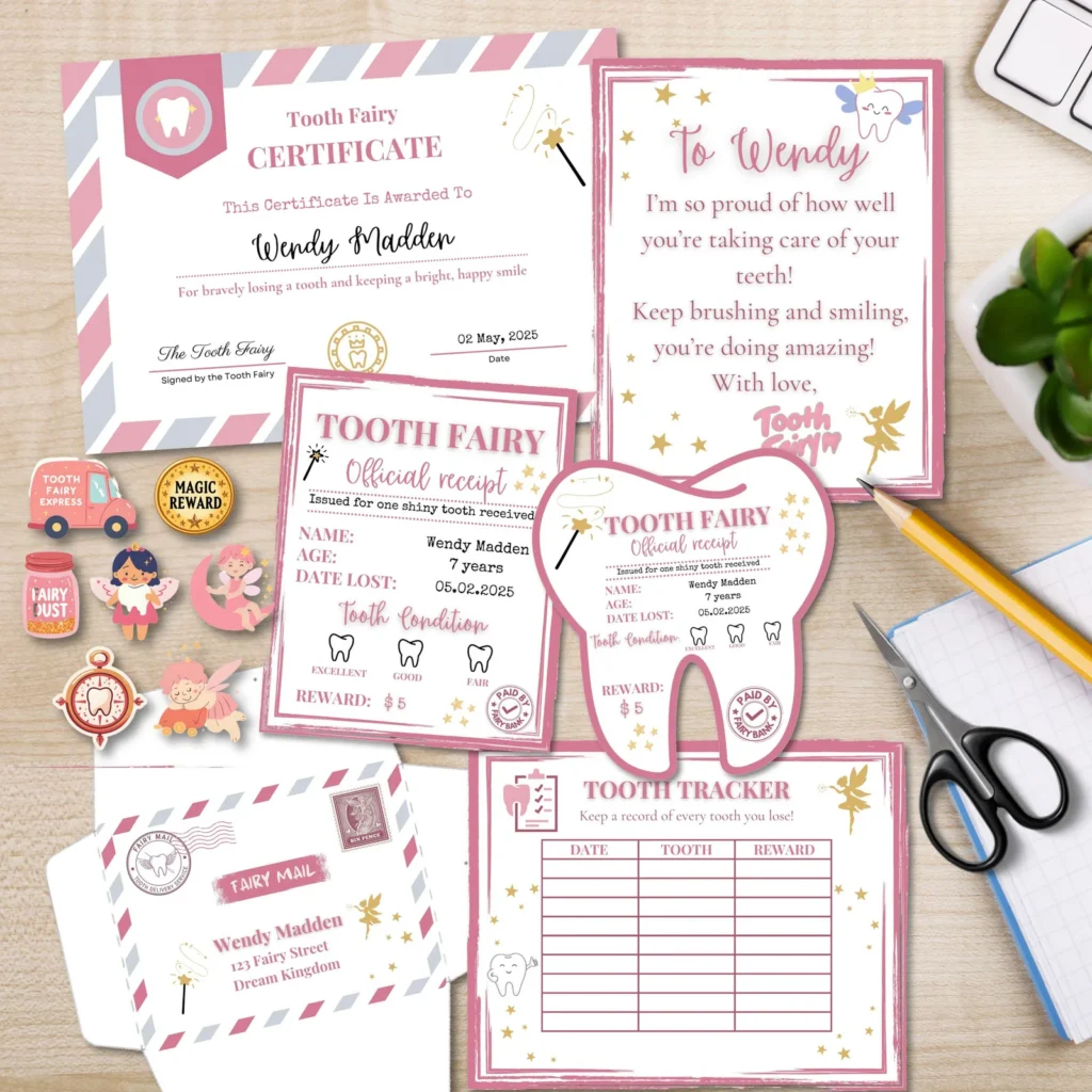 Editable Tooth Fairy Kit for Kids – Certificate, Receipts, Letter, Tracker, Envelope, Stickers for girls Printables digital download preview by Cute & Co.