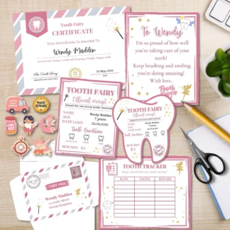 Editable Tooth Fairy Kit for Kids – Certificate, Receipts, Letter, Tracker, Envelope, Stickers for girls Printables digital download preview by Cute & Co.
