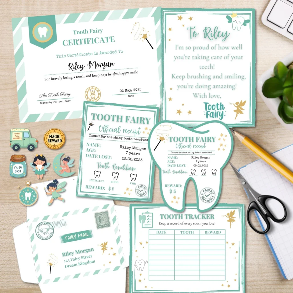 Editable Tooth Fairy Kit for Kids – Certificate, Receipts, Letter, Tracker, Envelope, Stickers Neutral Mint Printables digital download preview by Cute & Co.