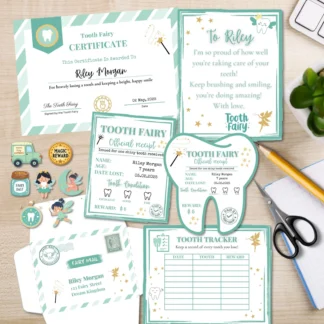 Editable Tooth Fairy Kit for Kids – Certificate, Receipts, Letter, Tracker, Envelope, Stickers Neutral Mint Printables digital download preview by Cute & Co.