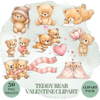 30 Whimsical Teddy Bear Valentine Clipart | Watercolor Bears PNG | Romantic Sketch Bundle