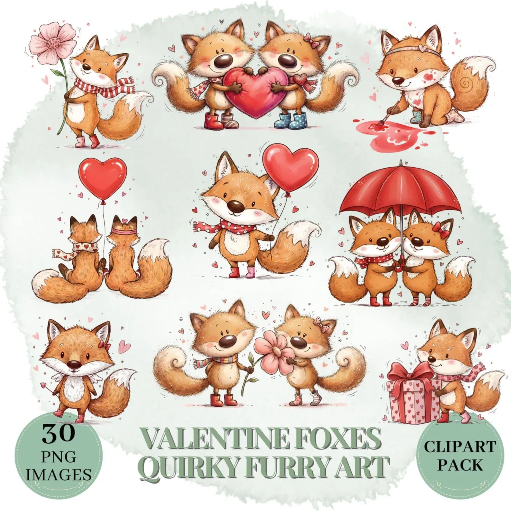 Quirky Furry Valentine Fox Duo Clipart Bundle | Romantic Sketch Animals Set Cliparts digital download preview by Cute & Co.