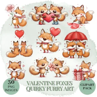 Quirky Furry Valentine Fox Duo Clipart Bundle | Romantic Sketch Animals Set