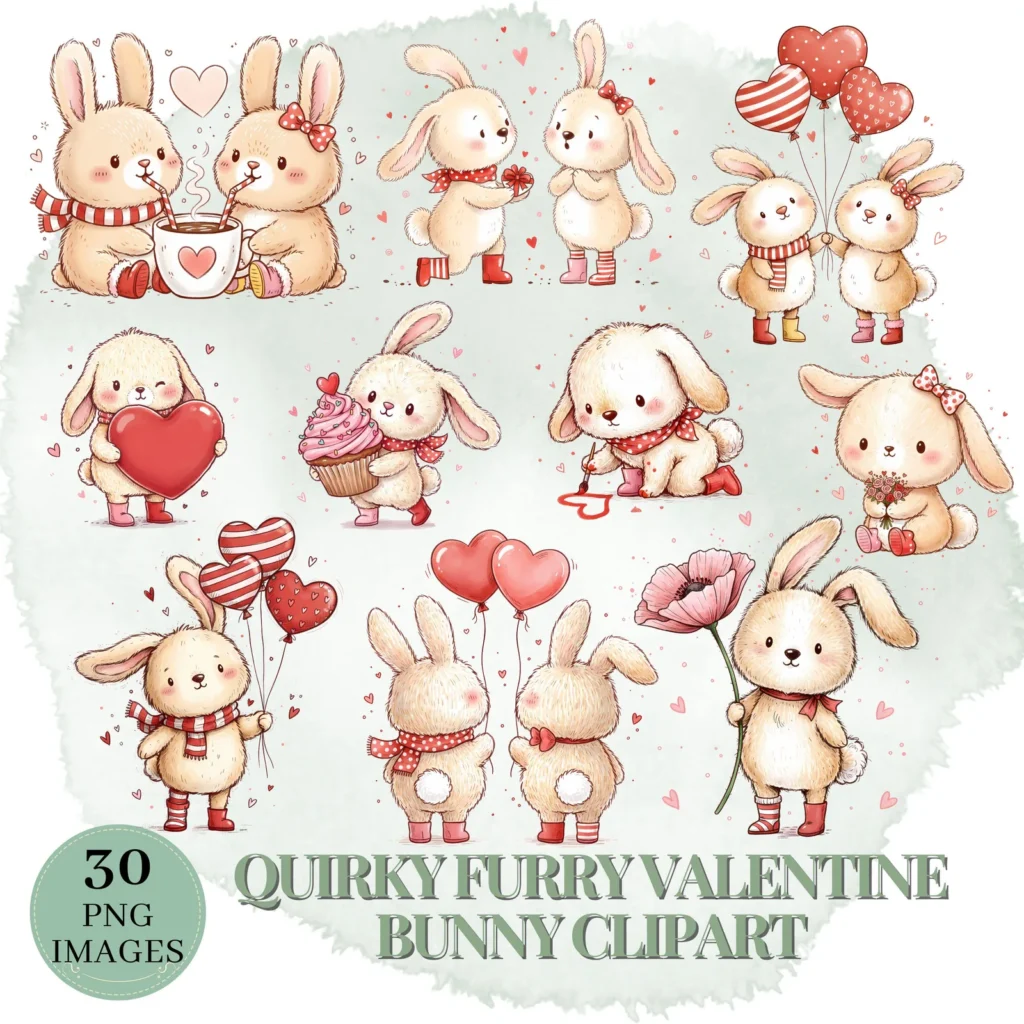 Quirky Furry Valentine Bunny Clipart Bundle | Romantic Sketch Rabbits PNG Set Cliparts digital download preview by Cute & Co.