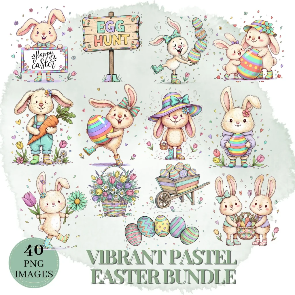 Vibrant Pastel Easter Clipart Set | Quirky Spring Rabbits, Eggs, Baskets &amp; Elements Cliparts digital download preview by Cute & Co.