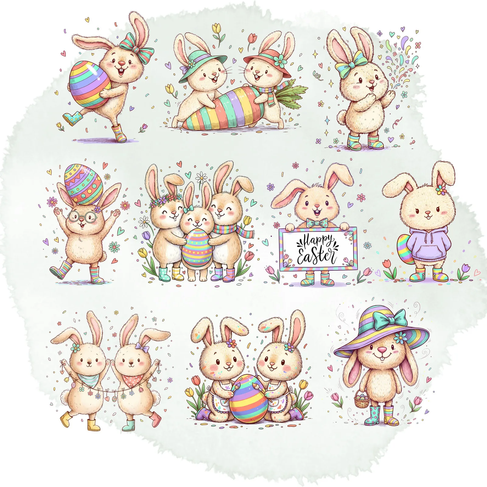 Vibrant Pastel Easter Clipart Set | Quirky Spring Rabbits, Eggs, Baskets & Elements Cliparts digital download preview by Cute & Co.