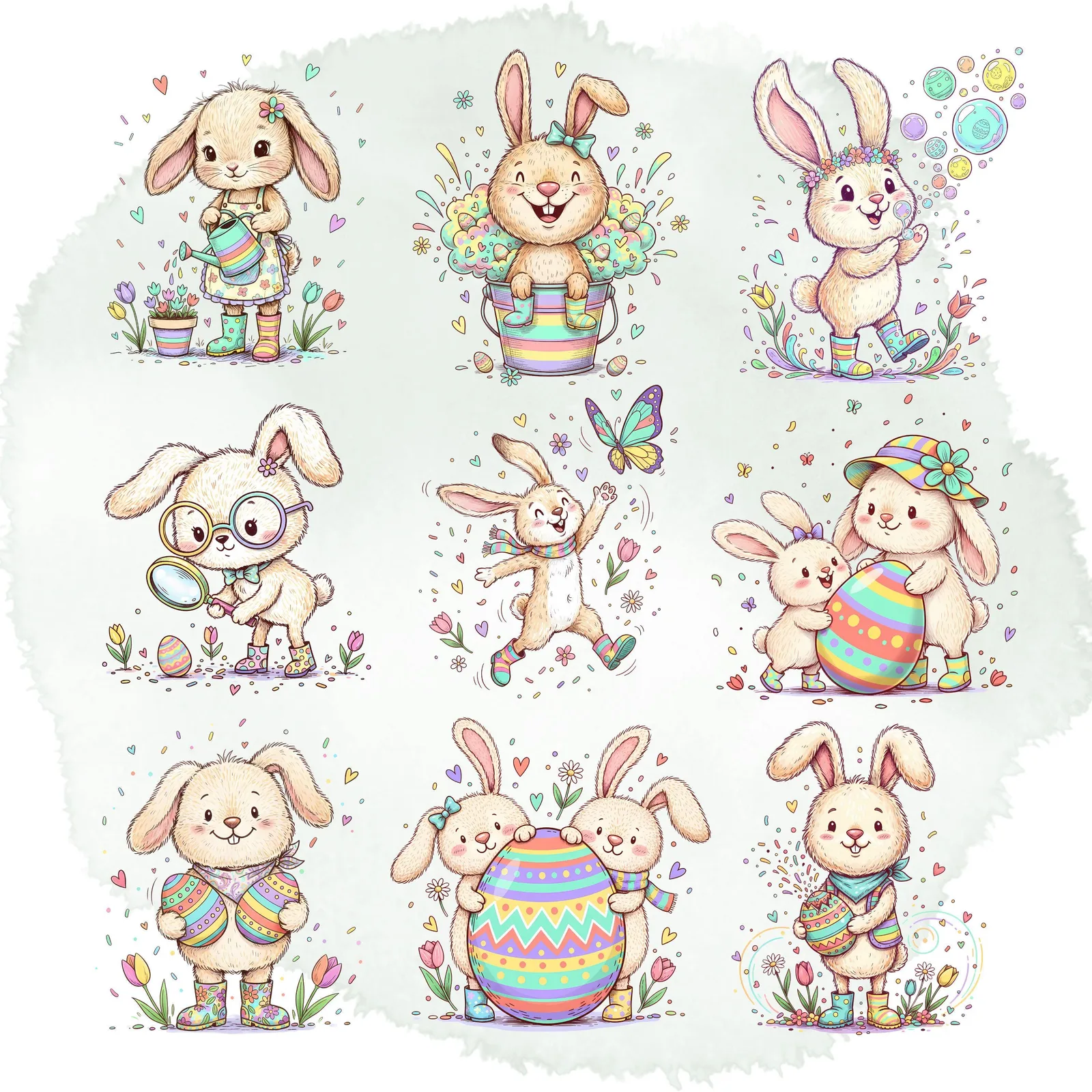 Vibrant Pastel Easter Clipart Set | Quirky Spring Rabbits, Eggs, Baskets & Elements Cliparts digital download preview by Cute & Co.