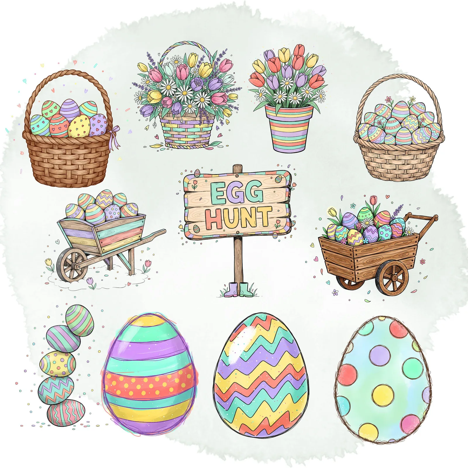 Vibrant Pastel Easter Clipart Set | Quirky Spring Rabbits, Eggs, Baskets & Elements Cliparts digital download preview by Cute & Co.