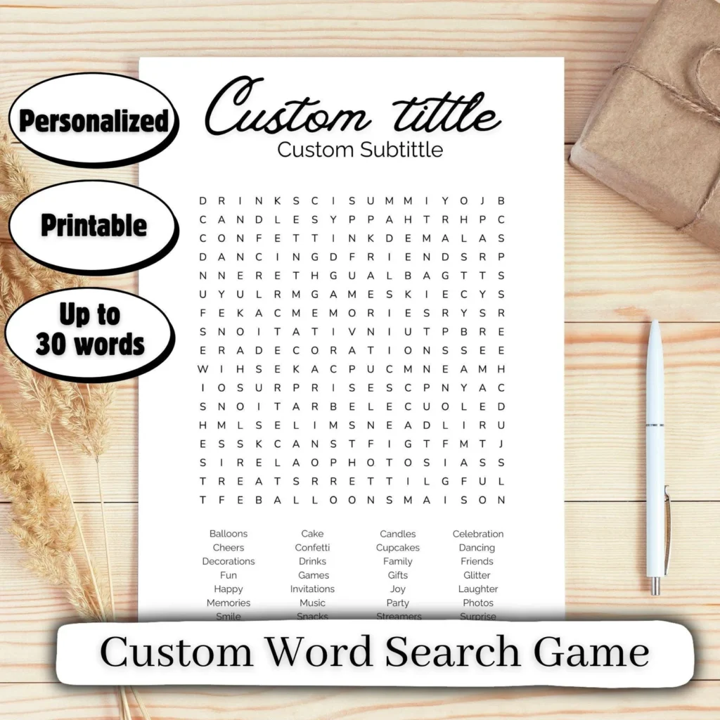 Custom Word Search Game – Personalized Printable Puzzle for Weddings, Birthdays &amp; Parties Custom Products digital download preview by Cute & Co.