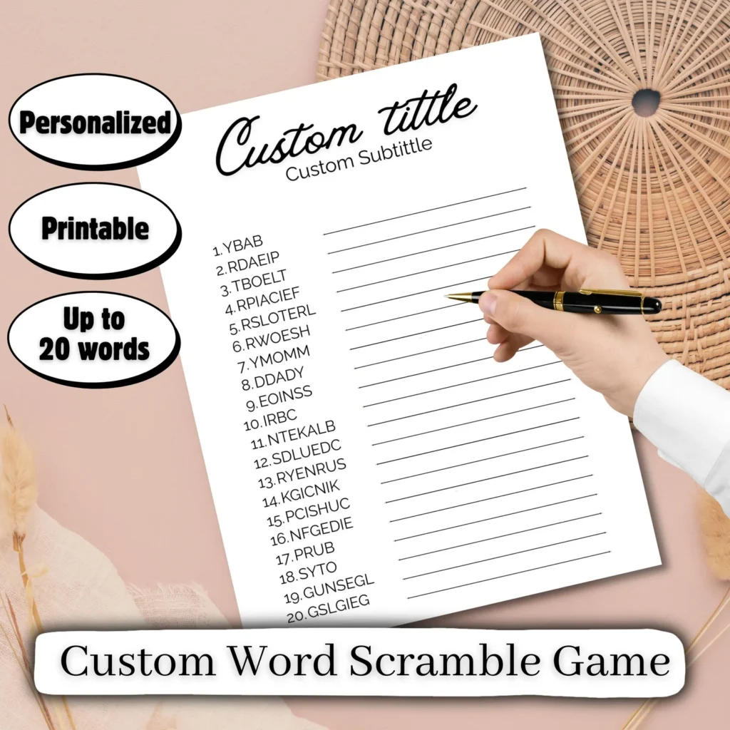 Custom Word Scramble Game – Personalized Printable Party Puzzle for Any Celebration Custom Products digital download preview by Cute & Co.