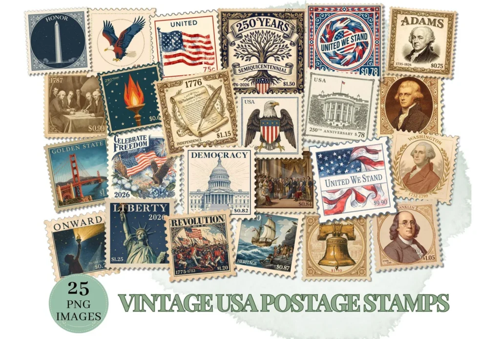 250 Years USA Postage Stamps PNG | 25 Independence Printable Digital Download Cliparts digital download preview by Cute & Co.