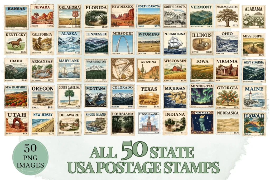 50 State USA Postage Stamps PNG | Complete Collection Printable Digital Download Cliparts digital download preview by Cute & Co.