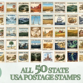 50 State USA Postage Stamps PNG | Complete Collection Printable Digital Download