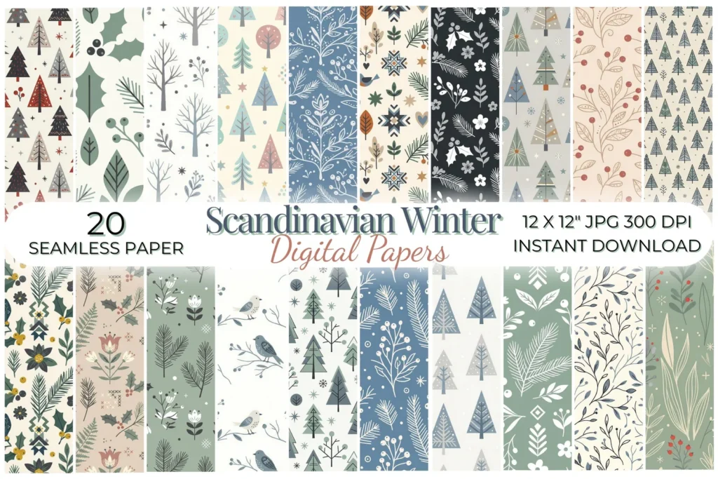Scandinavian Winter Digital Paper Set, Nordic Folk Seamless Patterns, Minimal Botanical Winter Papers Digital Papers digital download preview by Cute & Co.
