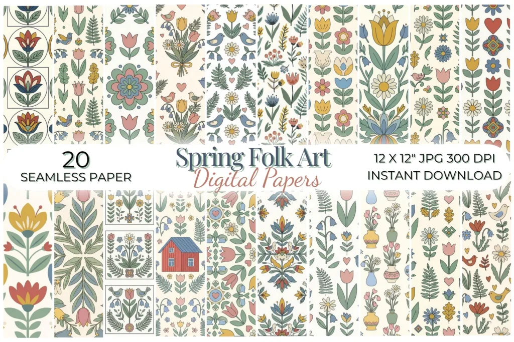 Scandinavian Folk Art Spring Digital Papers, Nordic Floral Seamless Patterns, Botanical Spring Designs Digital Papers digital download preview by Cute & Co.