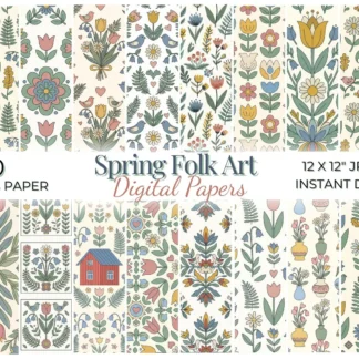 Scandinavian Folk Art Spring Digital Papers, Nordic Floral Seamless Patterns, Botanical Spring Designs Digital Papers digital download preview by Cute & Co.