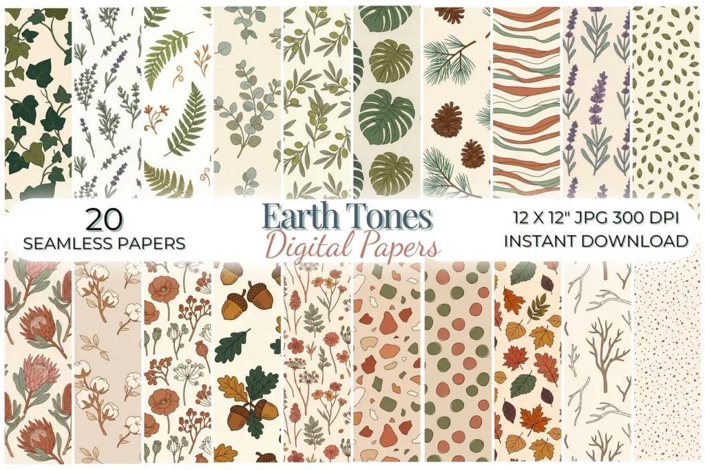 Earth Tones Digital Paper Pack | Botanical Seamless Patterns | Nature Scrapbook Backgrounds | Boho Planner Paper Digital Papers digital download preview by Cute & Co.