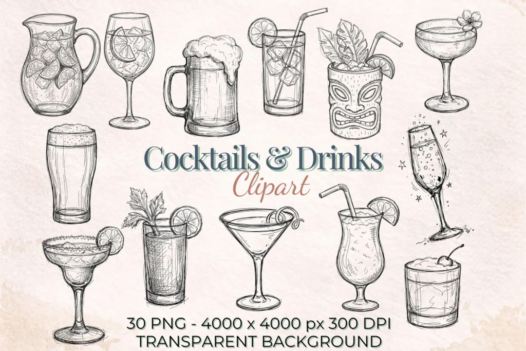 Cocktail Clipart Bundle, Sketch Drink Illustrations, Bar Sign Art (PNG Digital Download Cliparts digital download preview by Cute & Co.
