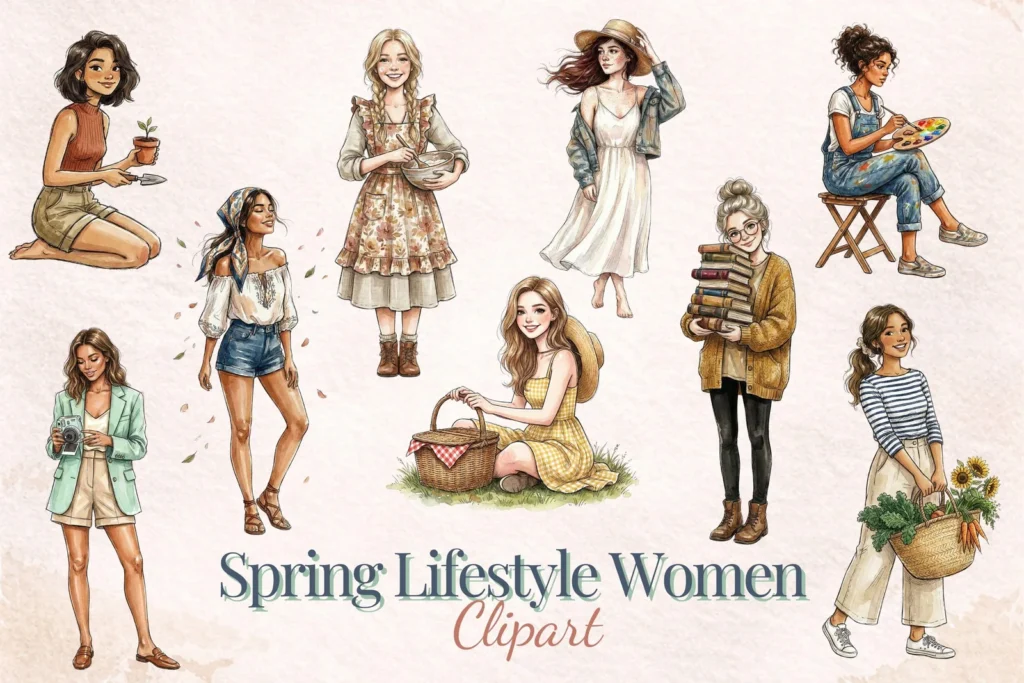 Quirky Spring Lifestyle Women Clipart Fashion Girl PNG Watercolor Vintage Graphics Pack Cliparts digital download preview by Cute & Co.
