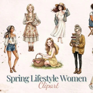 Quirky Spring Lifestyle Women Clipart Fashion Girl PNG Watercolor Vintage Graphics Pack Cliparts digital download preview by Cute & Co.