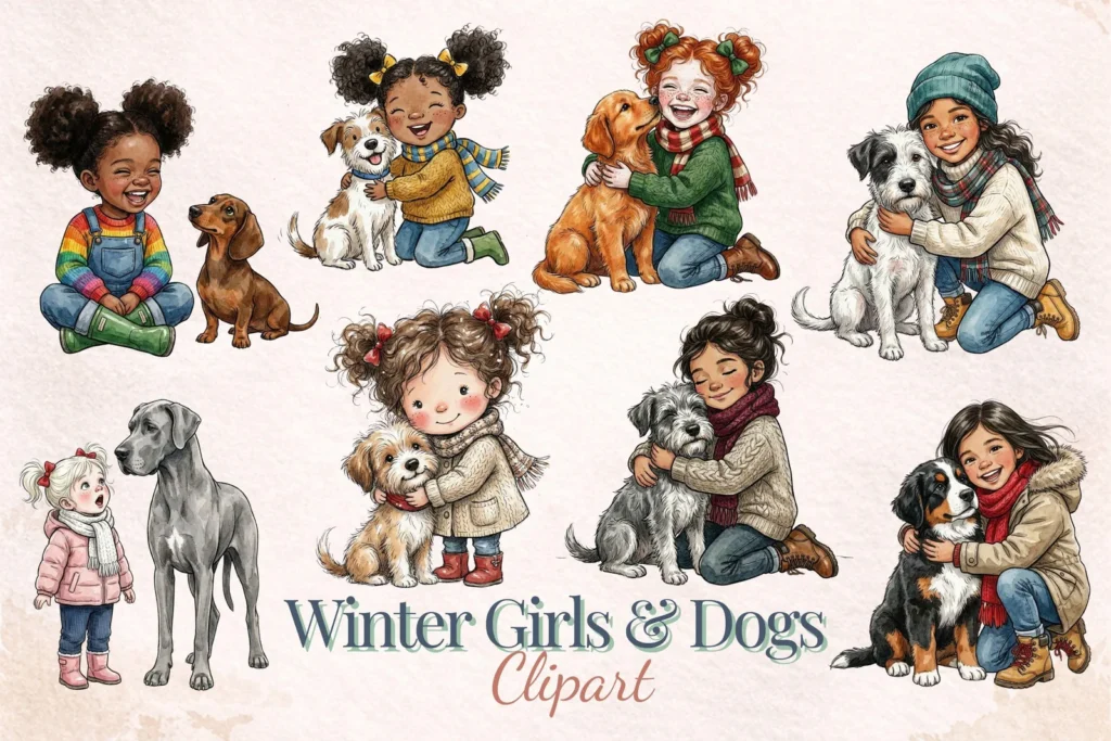 Quirky Winter Girls and Dogs Clipart Cozy Watercolor Pets Vintage Digital Download Pack Cliparts digital download preview by Cute & Co.