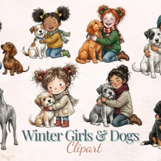 Quirky Winter Girls and Dogs Clipart Cozy Watercolor Pets Vintage Digital Download Pack Cliparts digital download preview by Cute & Co.