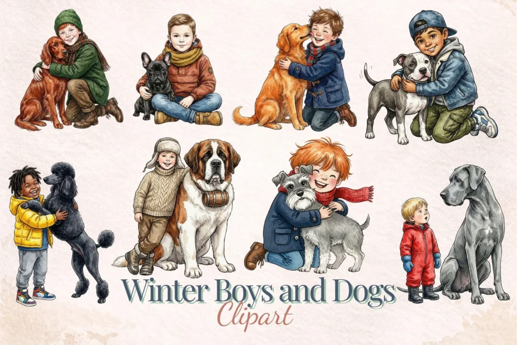 Quirky Winter Boys and Dogs Clipart Cozy Watercolor Pets Vintage Digital Download Bundle Cliparts digital download preview by Cute & Co.