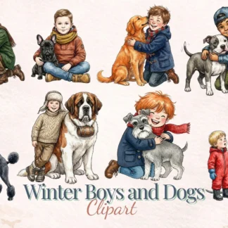 Quirky Winter Boys and Dogs Clipart Cozy Watercolor Pets Vintage Digital Download Bundle Cliparts digital download preview by Cute & Co.