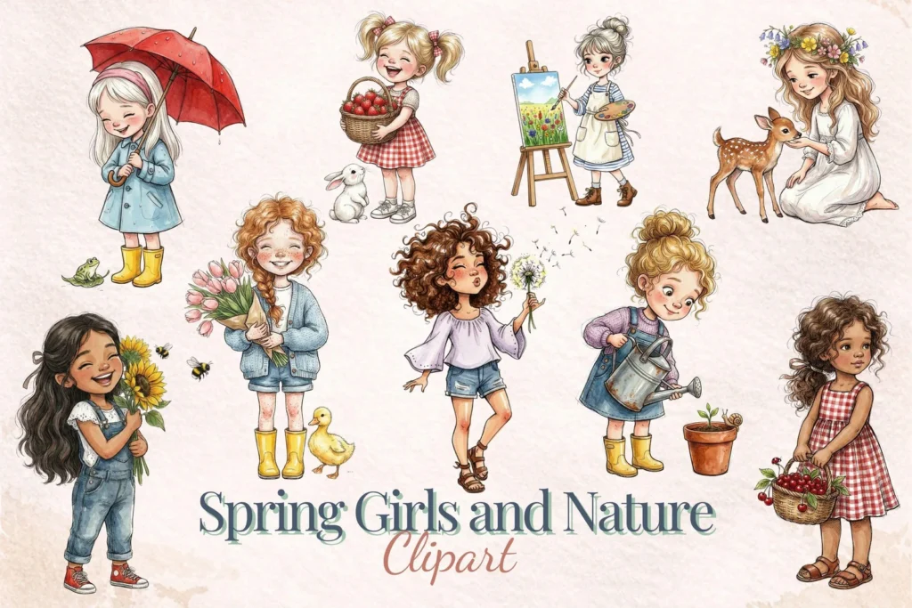 Quirky Spring Girls and Nature Clipart Garden Floral Watercolor Vintage Digital Download Set Cliparts digital download preview by Cute & Co.