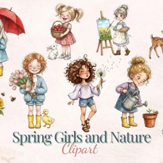 Quirky Spring Girls and Nature Clipart Garden Floral Watercolor Vintage Digital Download Set Cliparts digital download preview by Cute & Co.