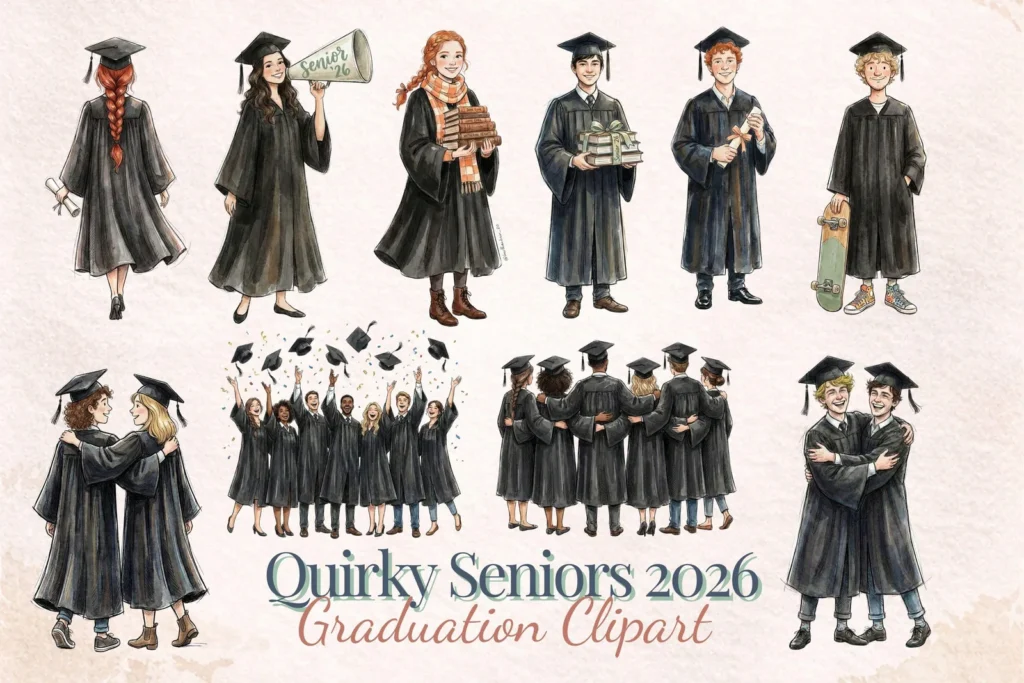 Quirky Senior 2026 Graduation Clipart Watercolor Black Gown PNG Class of 2026 Bundle Cliparts digital download preview by Cute & Co.