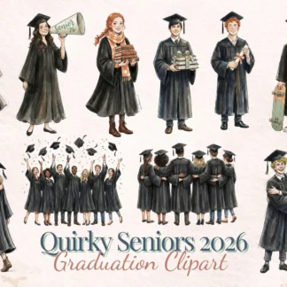 Quirky Senior 2026 Graduation Clipart Watercolor Black Gown PNG Class of 2026 Bundle Cliparts digital download preview by Cute & Co.