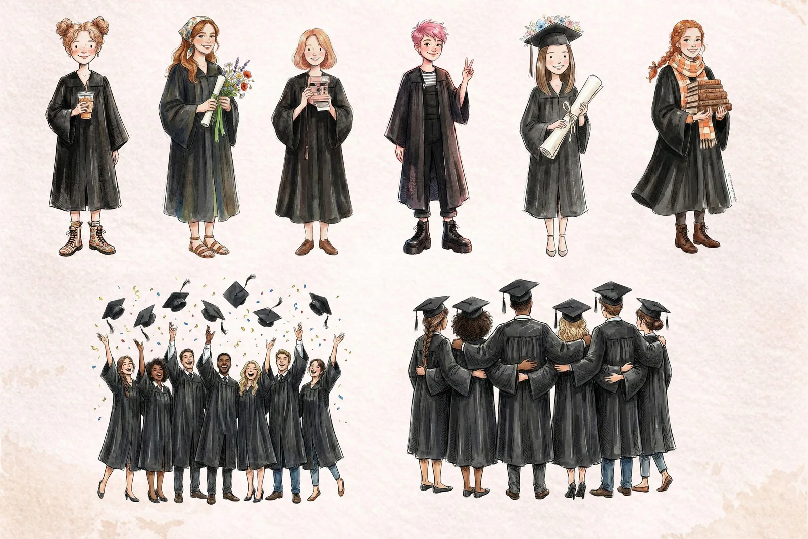 Quirky Senior 2026 Graduation Clipart Watercolor Black Gown PNG Class of 2026 Bundle Cliparts digital download preview by Cute & Co.