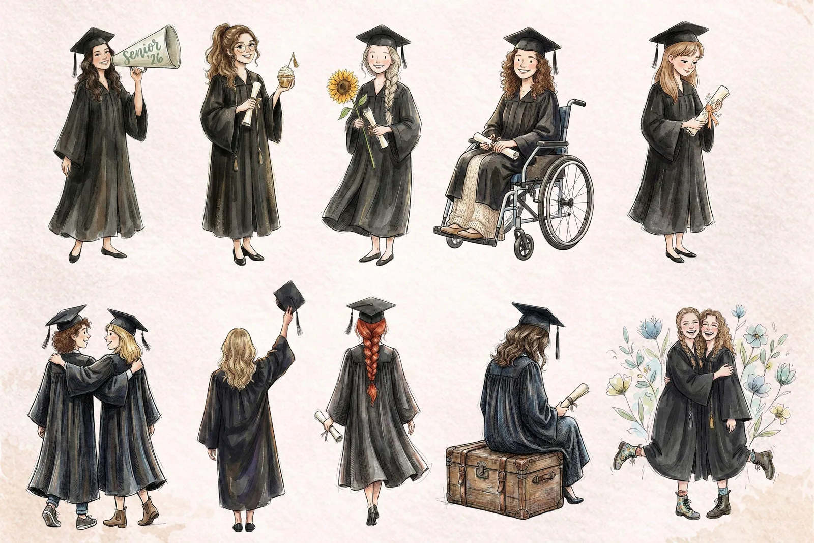 Quirky Senior 2026 Graduation Clipart Watercolor Black Gown PNG Class of 2026 Bundle Cliparts digital download preview by Cute & Co.
