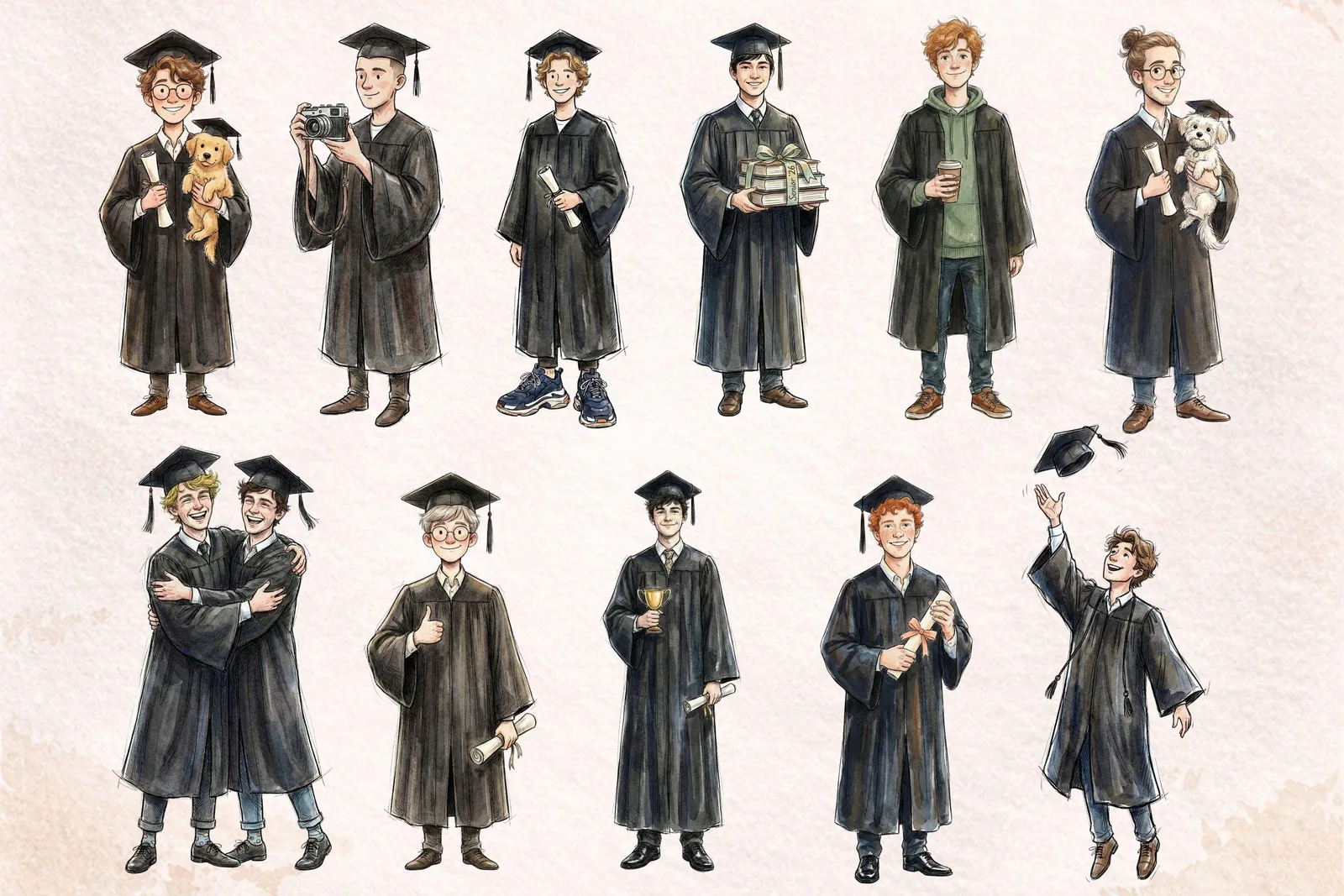 Quirky Senior 2026 Graduation Clipart Watercolor Black Gown PNG Class of 2026 Bundle Cliparts digital download preview by Cute & Co.