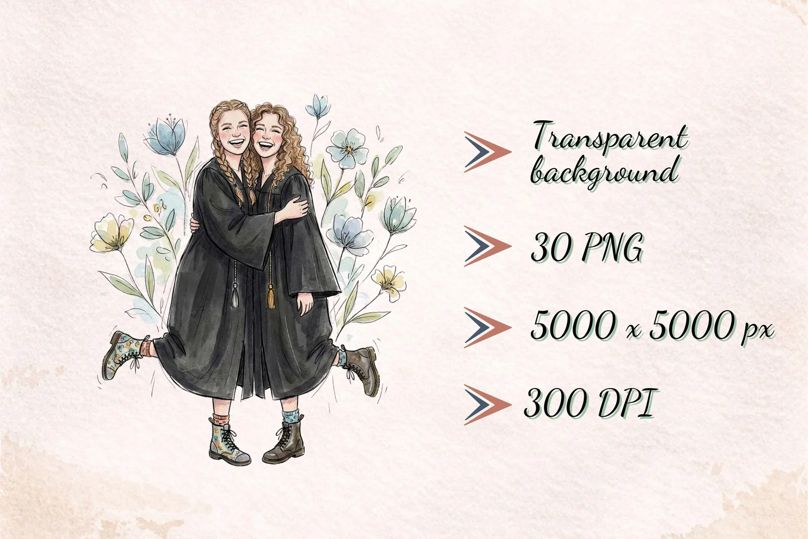 Quirky Senior 2026 Graduation Clipart Watercolor Black Gown PNG Class of 2026 Bundle Cliparts digital download preview by Cute & Co.