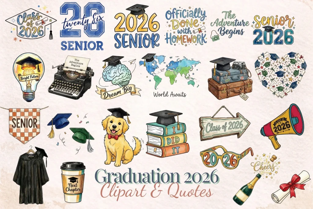 Graduation 2026 Clipart and Quotes Bundle Senior Era PNG Sublimation Elements Floral Pack Cliparts digital download preview by Cute & Co.