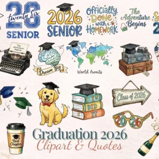 Graduation 2026 Clipart and Quotes Bundle Senior Era PNG Sublimation Elements Floral Pack Cliparts digital download preview by Cute & Co.