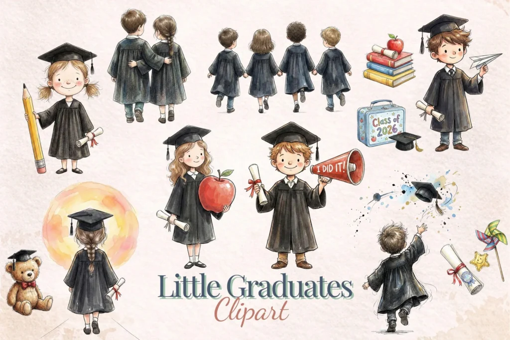 Little Graduates Clipart Bundle 30 PNG Kindergarten Graduation Kids Watercolor Hand Drawn Cliparts digital download preview by Cute & Co.