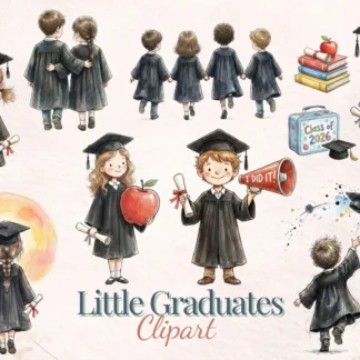 Little Graduates Clipart Bundle 30 PNG Kindergarten Graduation Kids Watercolor Hand Drawn Cliparts digital download preview by Cute & Co.