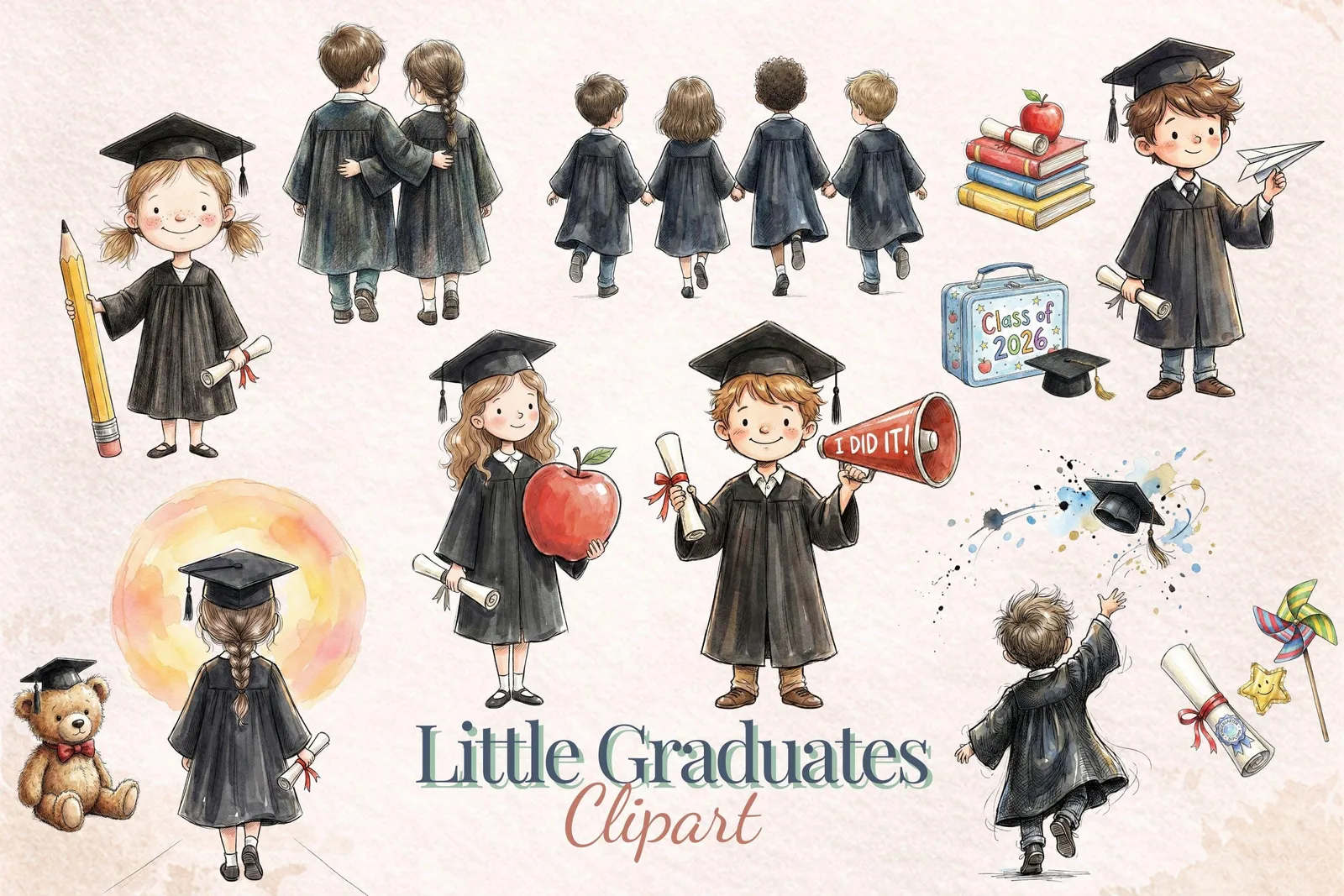 Little Graduates Clipart Bundle 30 PNG Kindergarten Graduation Kids Watercolor Hand Drawn Cliparts digital download preview by Cute & Co.
