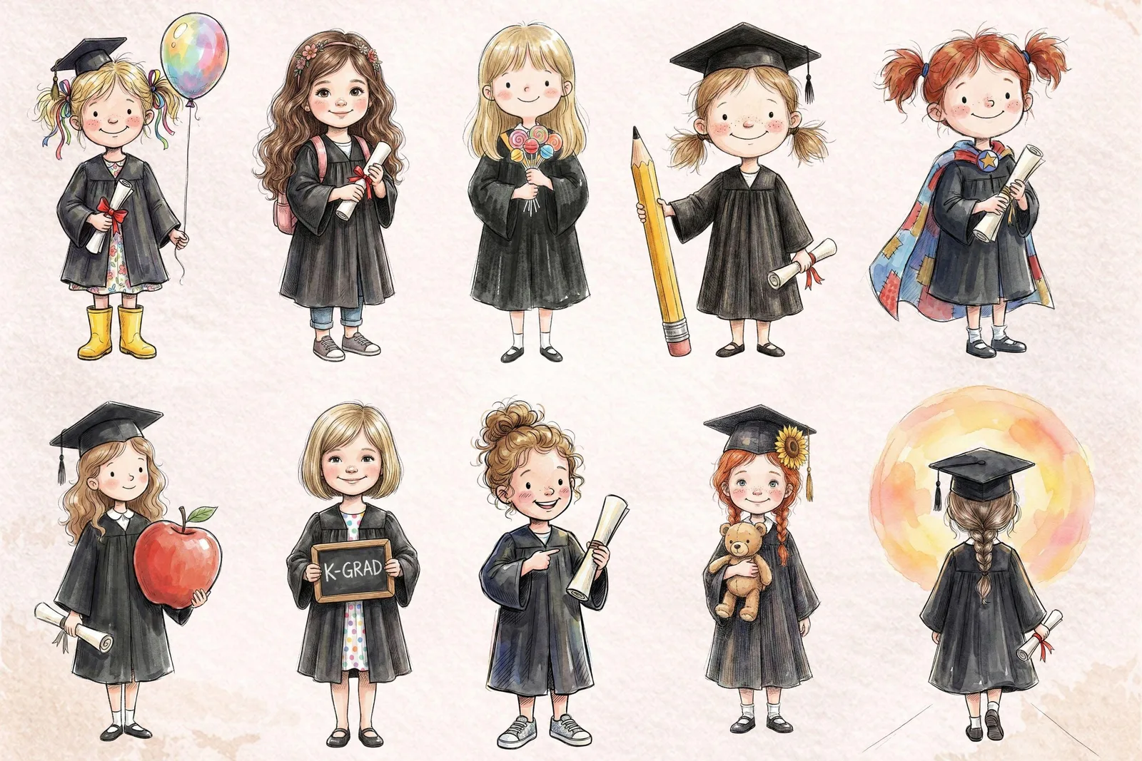 Little Graduates Clipart Bundle 30 PNG Kindergarten Graduation Kids Watercolor Hand Drawn Cliparts digital download preview by Cute & Co.