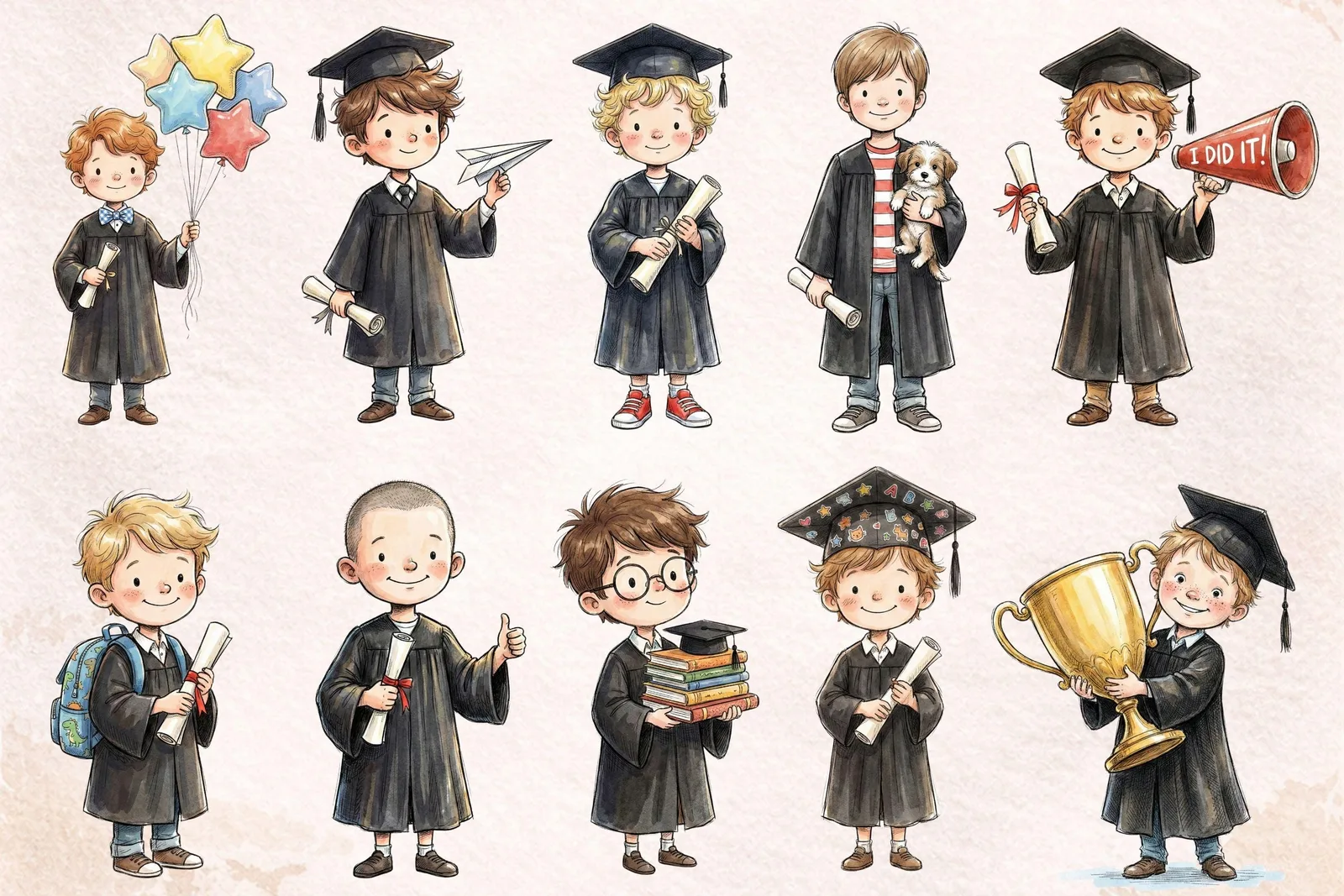 Little Graduates Clipart Bundle 30 PNG Kindergarten Graduation Kids Watercolor Hand Drawn Cliparts digital download preview by Cute & Co.